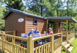 Familie slapper af på terrassen ved hytten Cottage på Veluwecamping De Pampel, Holland, omgivet af skov.