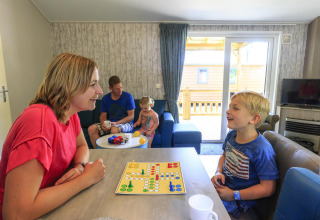 Familia juega a un juego de mesa en la sala del Cottage en Veluwecamping De Pampel, Países Bajos.