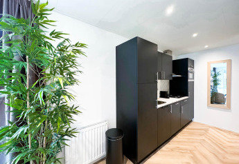 Cocina moderna en una Eco Lodge de Uniq Leisure en los Países Bajos, con gabinetes negros y suelo de madera.