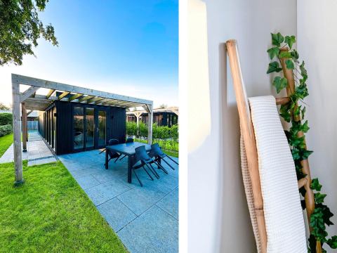 Outdoor terrace and modern indoor detail at Eco Lodge at Uniq Leisure in the Netherlands, with greenery.