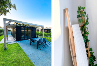 Udendørs terrasse og moderne interiørdetalje på Eco Lodge ved Uniq Leisure i Holland, omgivet af grønt.