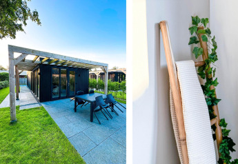 Outdoor terrace and modern indoor detail at Eco Lodge at Uniq Leisure in the Netherlands, with greenery.