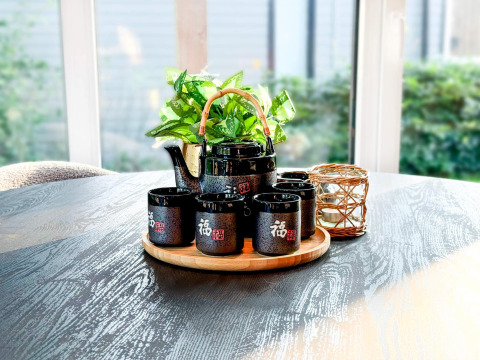 Black teapot set with cups on a wooden table, green plant, and lantern at Eco Lodge, Uniq Leisure, Netherlands.