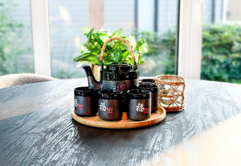 Black teapot set with cups on a wooden table, green plant, and lantern at Eco Lodge, Uniq Leisure, Netherlands.