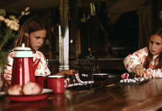 Twee meisjes spelen een spelletje in een gezellige houten hut, omringd door kopjes en landelijke decoratie.