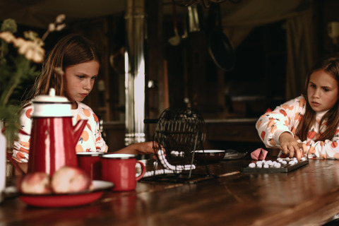 Dos niñas juegan a un juego de mesa en una acogedora cabaña de madera, rodeadas de tazas y decoración rústica.
