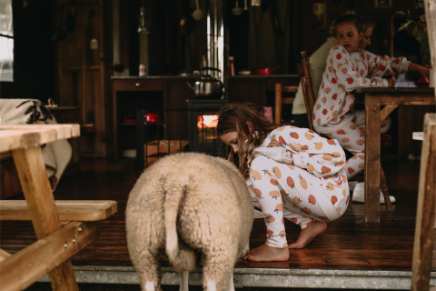 Two children in matching pajamas play with a sheep indoors near a wooden table in a cozy vacation cabin.
