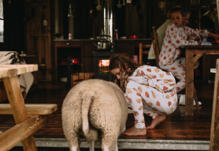 Two children in matching pajamas play with a sheep indoors near a wooden table in a cozy vacation cabin.