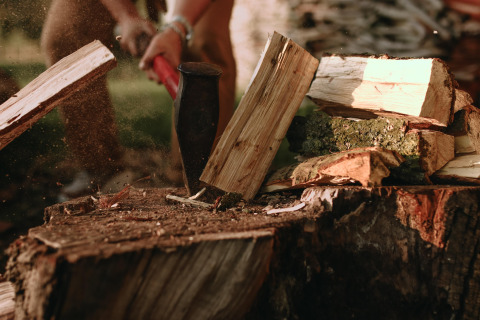 A person chops firewood with an axe on a tree stump outdoors at a Belgian holiday park setting.