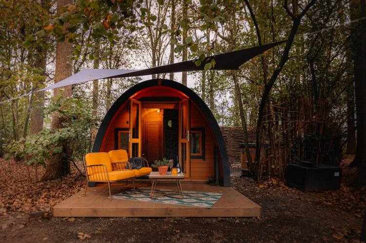 Knus tiny house ‘Boshuys’ met oranje bankje voor de deur, gelegen in het bos bij Buitengoed Ruysbos.
