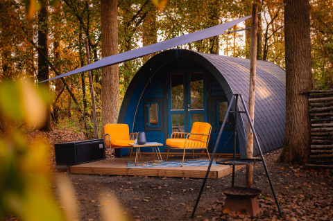 Pequeña casa con techo arqueado, sillones amarillos y terraza en bosque en Buitengoed Ruysbos, Países Bajos.