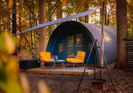 Tiny house met gebogen dak, gele stoelen en terras in het bos bij Buitengoed Ruysbos, Nederland.