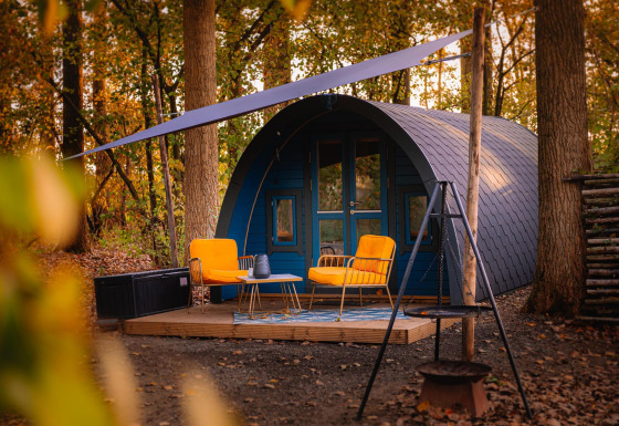 Kleines Haus mit gewölbtem Dach, gelbe Stühle und Terrasse im Wald bei Buitengoed Ruysbos, Niederlande.