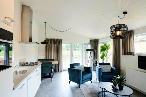 Interior de tiny house moderno con sillones azules, cocina abierta, grandes ventanas y plantas verdes.