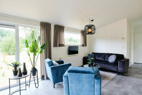 Luminoso soggiorno moderno in una tiny house con grandi finestre, poltrone blu e piante verdi.
