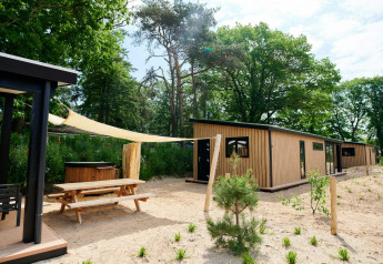 Tiny house Sand Lodge Jacuzzi all'Holiday Park De IJsvogel nei Paesi Bassi con tavolo esterno e alberi.