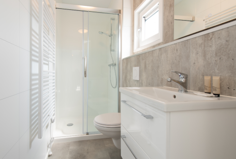 Baño moderno en lodge con ducha acristalada, lavabo blanco, inodoro y decoración minimalista.