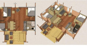 Plano y vista 3D de una lujosa casa safari en Buitencentrum Hessenheem, Países Bajos, con decoración de madera.