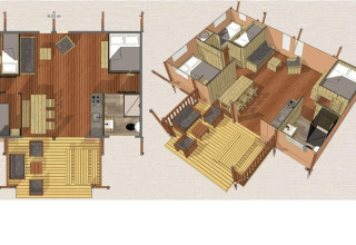 Plano y vista 3D de una lujosa casa safari en Buitencentrum Hessenheem, Países Bajos, con decoración de madera.