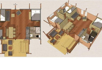Plattegrond en 3D-beeld van een luxueuze safarilodge bij Buitencentrum Hessenheem, Nederland, met houten elementen.