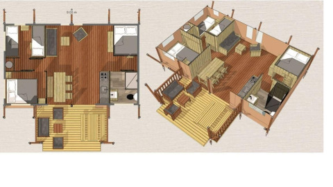 Plano y vista 3D de una lujosa casa safari en Buitencentrum Hessenheem, Países Bajos, con decoración de madera.