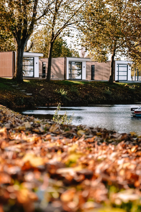 Lodge moderno sul lago, Villa Maritiem al MarinaPark Bad Nederrijn, circondato da alberi nei Paesi Bassi.