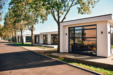 Moderni lodge Villa Maritiem al MarinaPark Bad Nederrijn, Paesi Bassi, con ampie vetrate e alberi verdi.