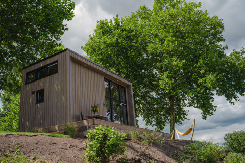 Tiny River House en MarinaPark Bad Nederrijn, Países Bajos, una pequeña casa de madera entre los árboles verdes.