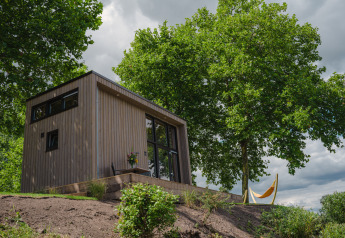 Tiny River House en MarinaPark Bad Nederrijn, Países Bajos, una pequeña casa de madera entre los árboles verdes.