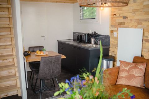 Cocina y comedor de casa diminuta en Tiny River House, MarinaPark Bad Nederrijn, Países Bajos.