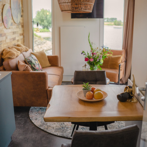 Knusse woonkamer in Tiny River House aan MarinaPark Bad Nederrijn, Nederland, met modern interieur en uitzicht.