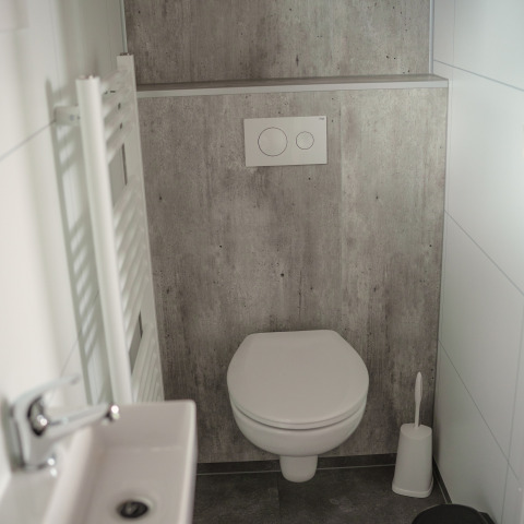 Baño pequeño y moderno con inodoro de pared y lavabo en Tiny River House, en los Países Bajos.
