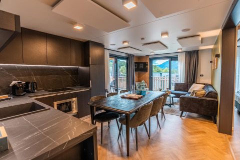 Cuisine et salon modernes à aire ouverte au Wulfenia Waterfront, Ossiacher See, avec vue sur la montagne.