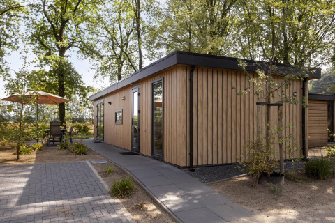 Moderne Holzlodge namens Module Wood im Bospark Ede in den Niederlanden, umgeben von Bäumen und Terrasse.
