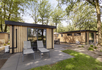 Modern wooden lodges with large windows and patio chairs surrounded by greenery at Bospark Ede, Netherlands.