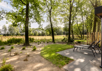 Vue extérieure du lodge Module Wood à Bospark Ede, Pays-Bas, avec chaises longues et arbres verdoyants.