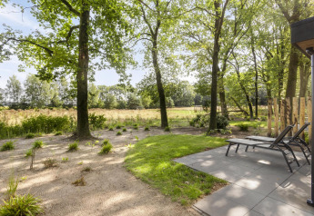 Buitenaanzicht bij Module Wood-lodge in Bospark Ede, Nederland met ligstoelen en groene bomen.