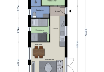 Plattegrond van Module Wood lodge bij Bospark Ede, Nederland, met woonkamer, keuken en twee slaapkamers.