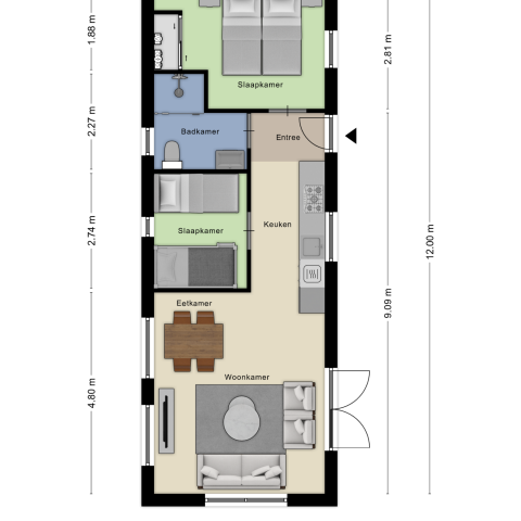 Plano del lodge Module Wood en Bospark Ede, Países Bajos, con salón, cocina y dos dormitorios.