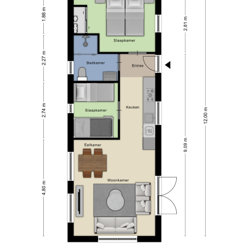 Floor plan of Module Wood lodge at Bospark Ede, Netherlands, featuring living room, kitchen, and two bedrooms.