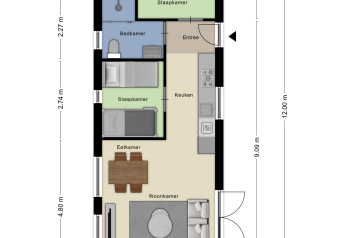 Plano del lodge Module Wood en Bospark Ede, Países Bajos, con salón, cocina y dos dormitorios.