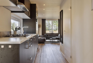 Cocina y sala modernas con ventanas grandes en la lodge Module Wood de Bospark Ede, Países Bajos.