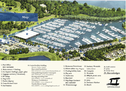 Overzichtskaart van een jachthaven in Naarden, Nederland met havenlodges, ligplaatsen en faciliteiten.