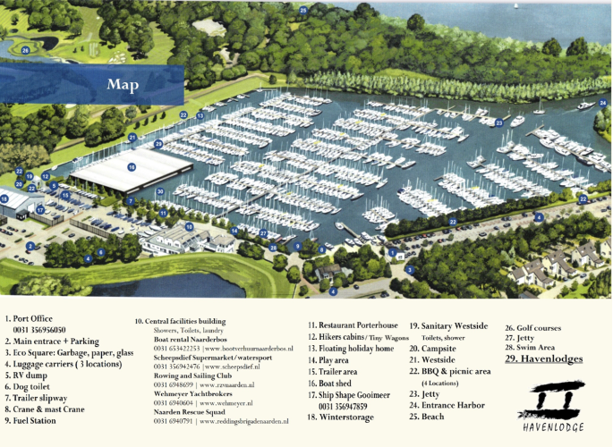 Mapa general de una marina en Naarden, Países Bajos con casas flotantes, amarres y varias instalaciones.