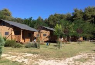 Safari telte med sanitære faciliteter på Camping Monti del Sole i Italien omgivet af grønne træer.