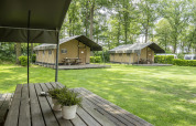 Safari-telte og borde i grønne omgivelser på Recreation Park Den Blanken i Holland, skovklædt område.