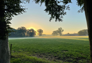 Sonnenaufgang über einer grünen Wiese mit Nebel, gesehen vom Safari-Zelt im Erholungspark Den Blanken, Niederlande.
