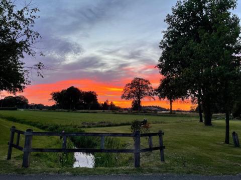 Sonnenuntergang hinter Bäumen und Wiesen am Safari-Zeltplatz im Erholungspark Den Blanken, Niederlande.