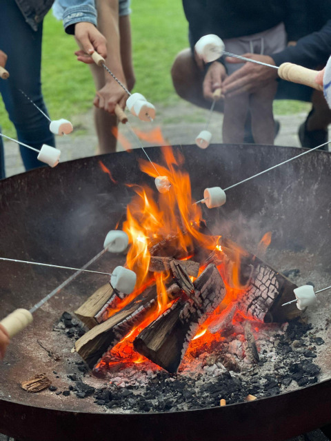 Several hands roasting marshmallows over a campfire in front of a safari tent at Recreation Park Den Blanken.