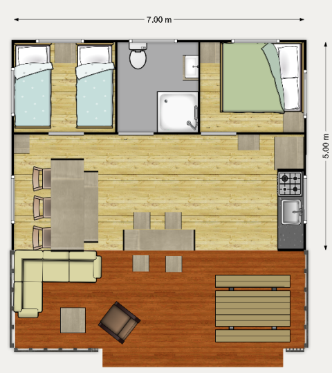 Plan du lodge safari Ranger à Recreation Park Den Blanken, Pays-Bas, illustrant espaces de vie et chambres.
